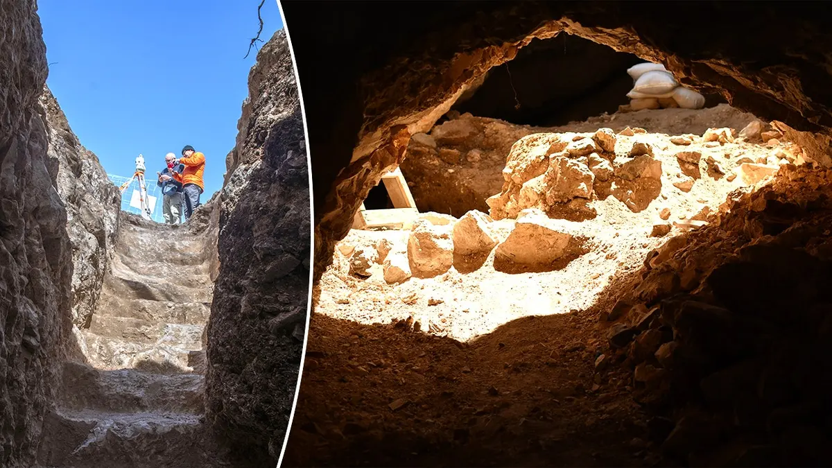Split image of archaeologists near site, view into ancient tunnel