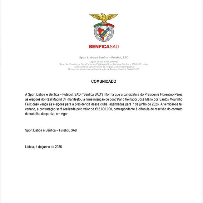 Comunicado do Benfica divulgado sobre a transferência de José Mourinho para o Real Madrid.