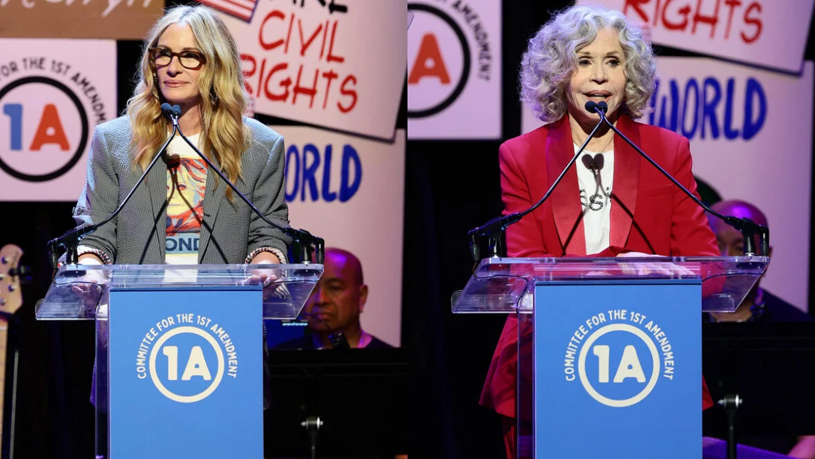 levantar-se-cantar Julia Roberts fala no palco durante Rise Up, Sing Out: Um Concerto para a Primeira Emenda / Jane Fonda fala no palco durante Rise Up, Sing Out: Um Concerto para a Primeira Emenda