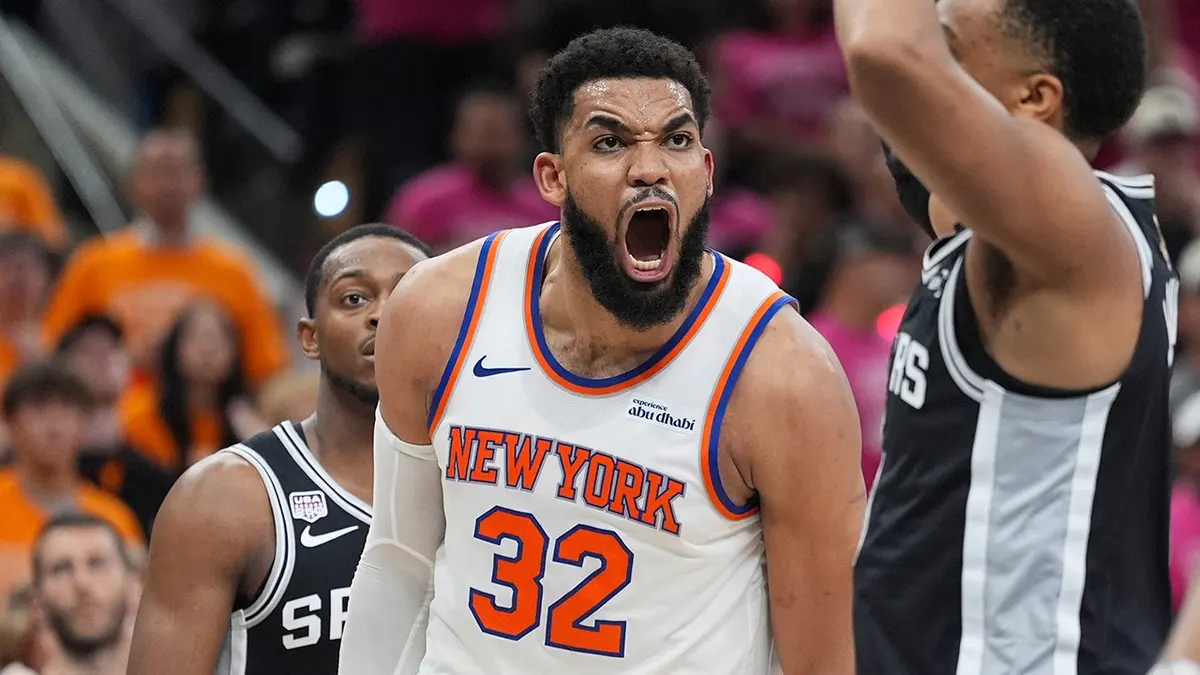 New York Knicks center Karl-Anthony Towns yelling during NBA Finals game