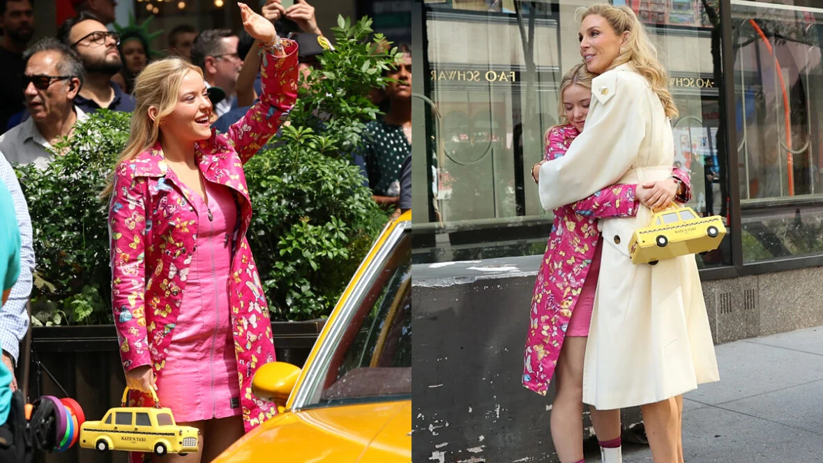 Lexi Minetree usa um vestido rosa e acena para alguém enquanto filma cenas de 
