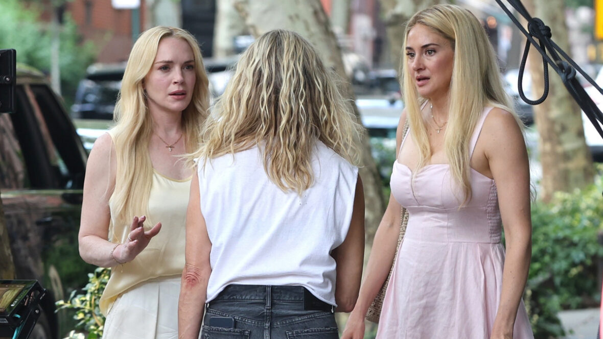 conte-minhas-luta Lindsay Lohan, Shailene Woodley e Katherine LaNasa filmando cenas de
