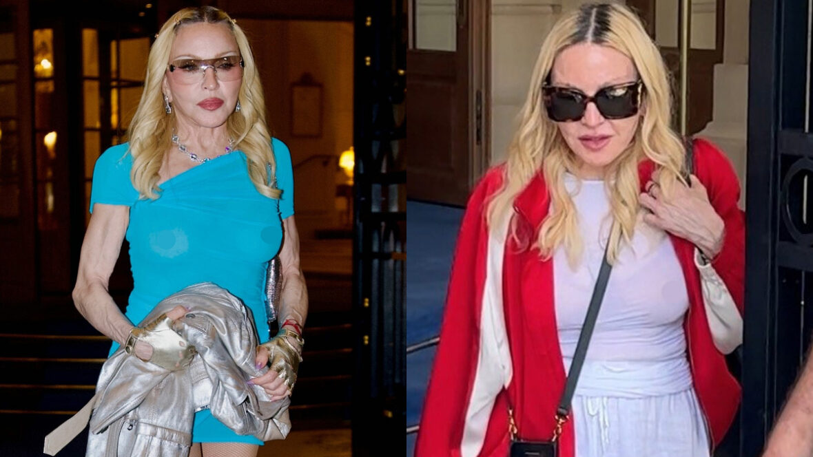 Madonna com minivestido azul transparente e óculos escuros / Madonna com roupa vermelha e branca em Paris