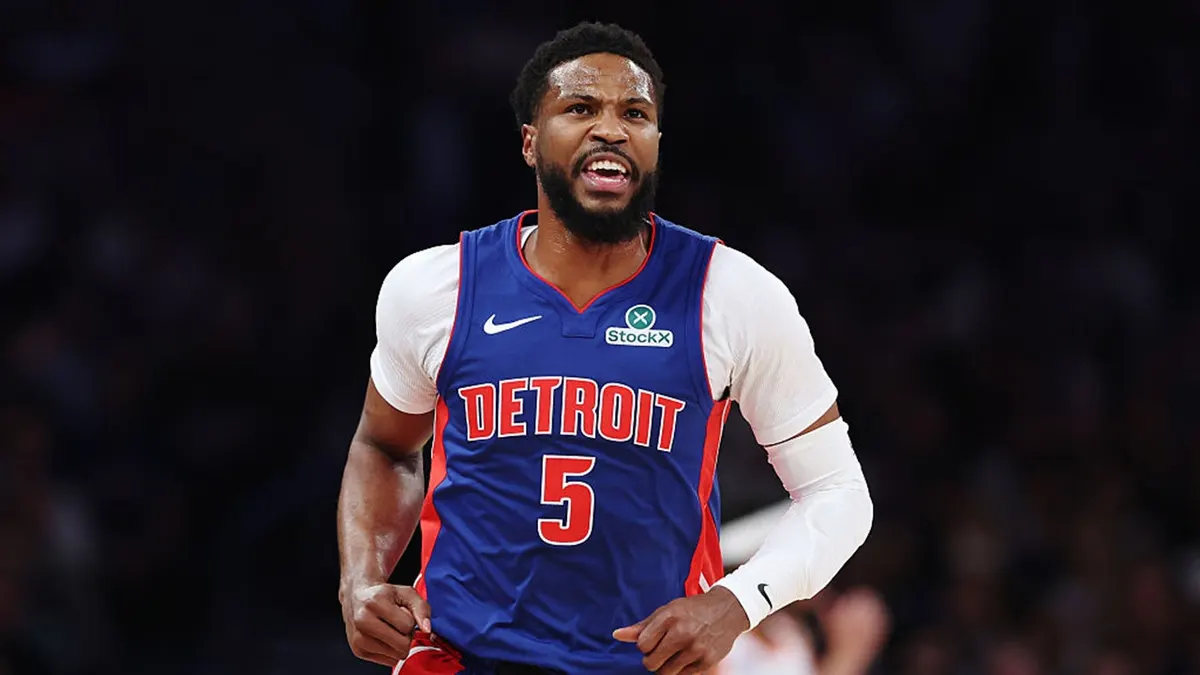 Malik Beasley of the Detroit Pistons dribbling basketball during NBA playoff game at Madison Square Garden