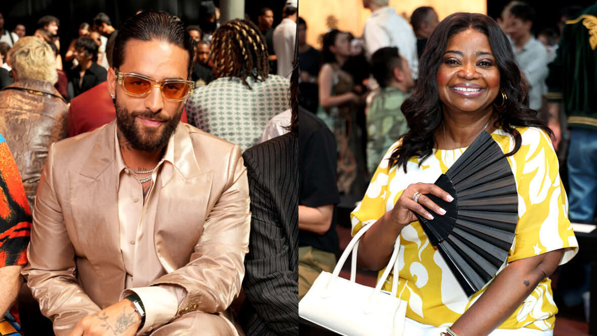 Maluma e Octavia Spencer na primeira fila do desfile da AMIRI na Paris Fashion Week