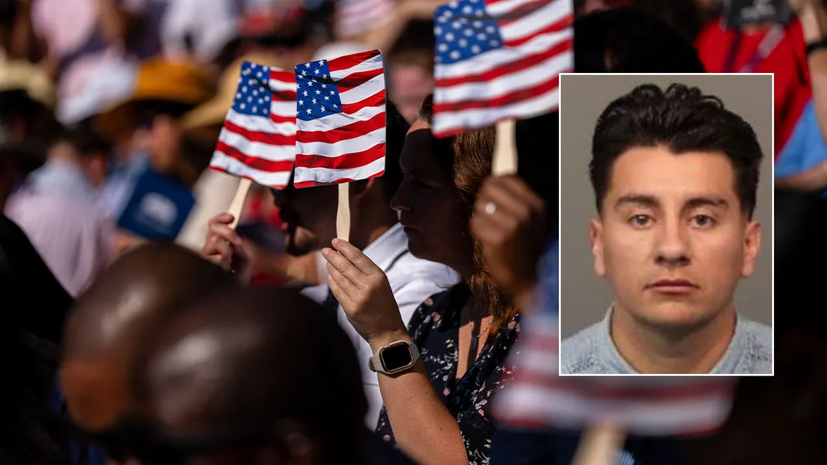 Kevin Jesus King mugshot and an image of small American flags