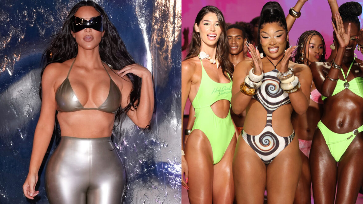 Kim Kardashian visita a loja pop-up SKIMS SWIM Miami / Megan Thee Stallion modela sua linha de moda praia Hot Girl Summer durante desfile de moda com outras modelos