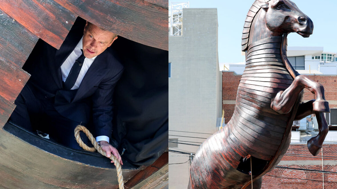 Matt-damon-cavalo-de-tróia-jimmy-kimmel Matt Damon entra em um cavalo de Tróia gigante para a peça do Jimmy Kimmel Live