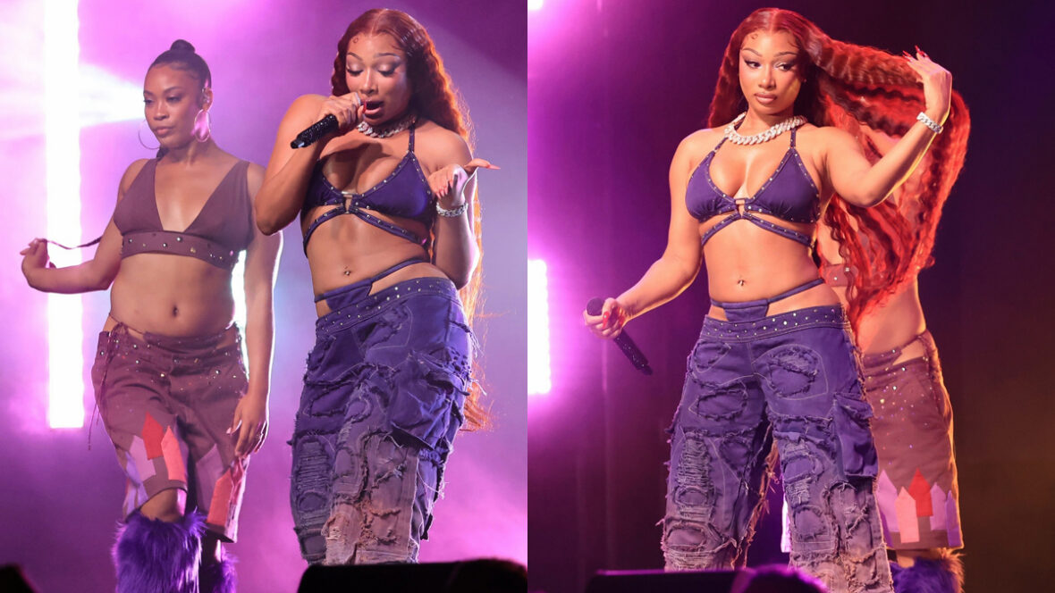 Megan Thee Stallion se apresenta no palco durante as filmagens 