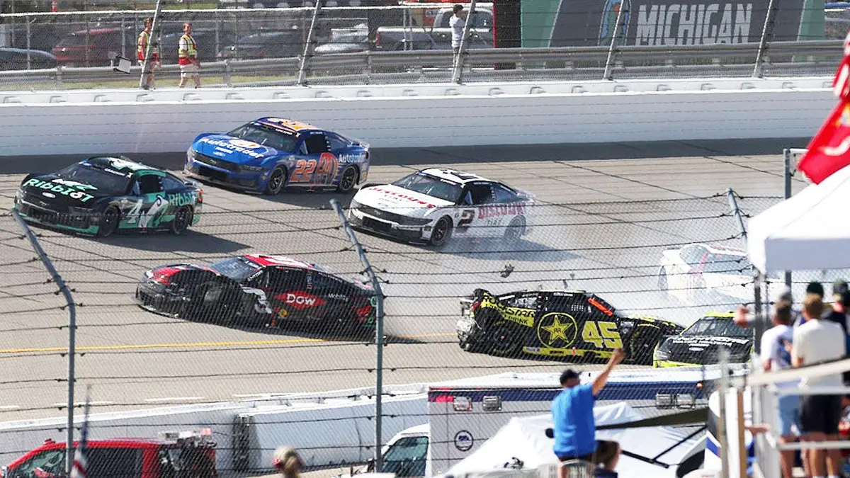 Austin Dillon, Tyler Reddick, and Denny Hamlin spin their cars on track at Michigan International Speedway