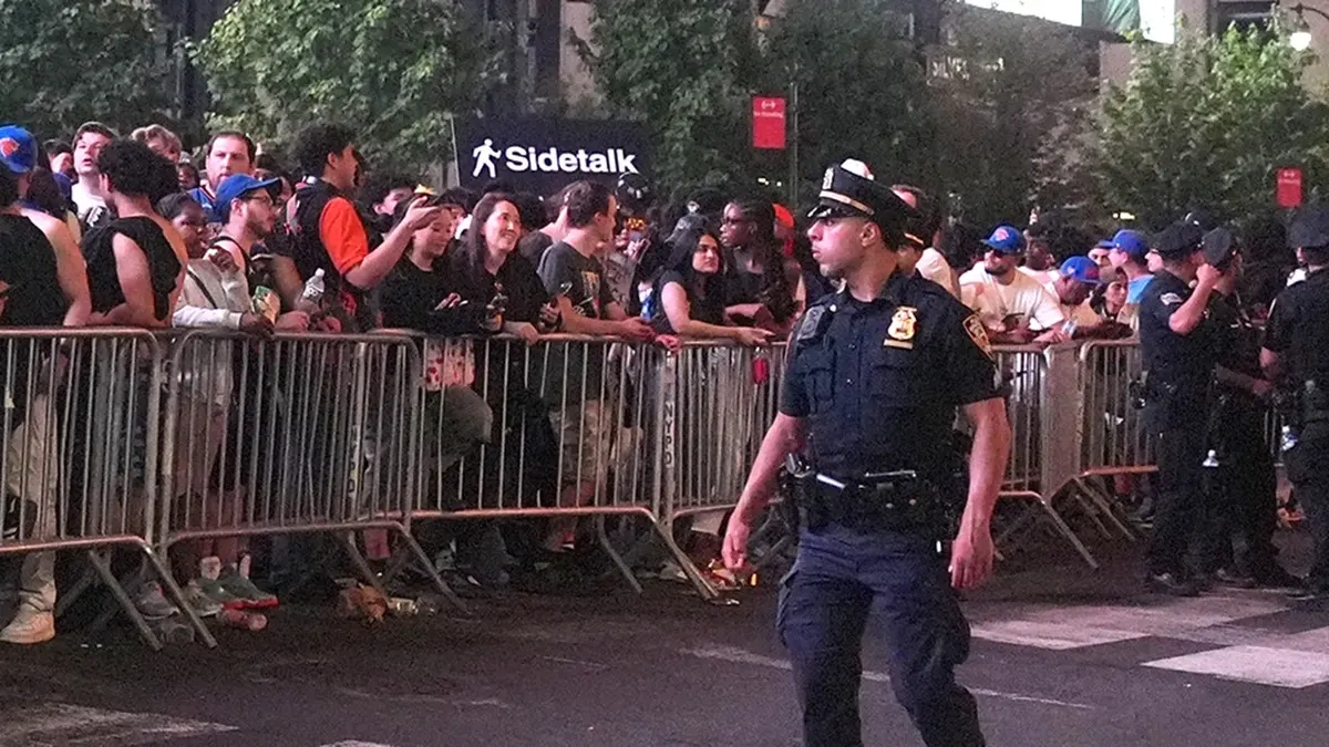 Thousands of New York Knicks fans celebrating inside and outside Madison Square Garden