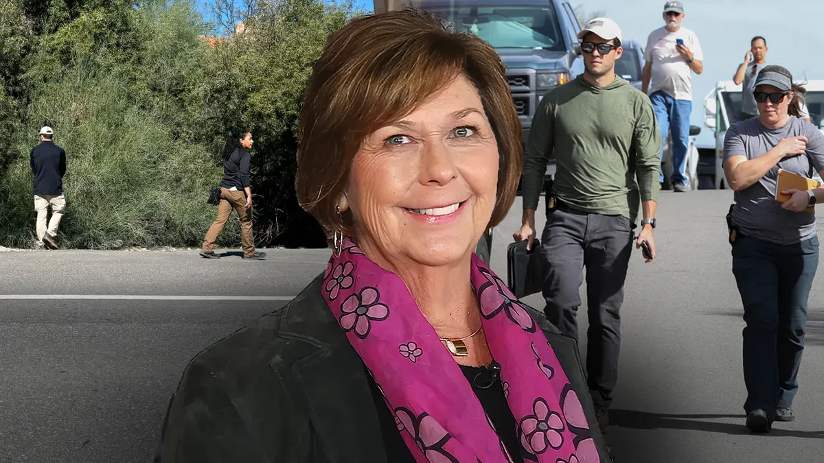 Nancy Guthrie's photo overlayed with investigators searching brush near her Arizona house