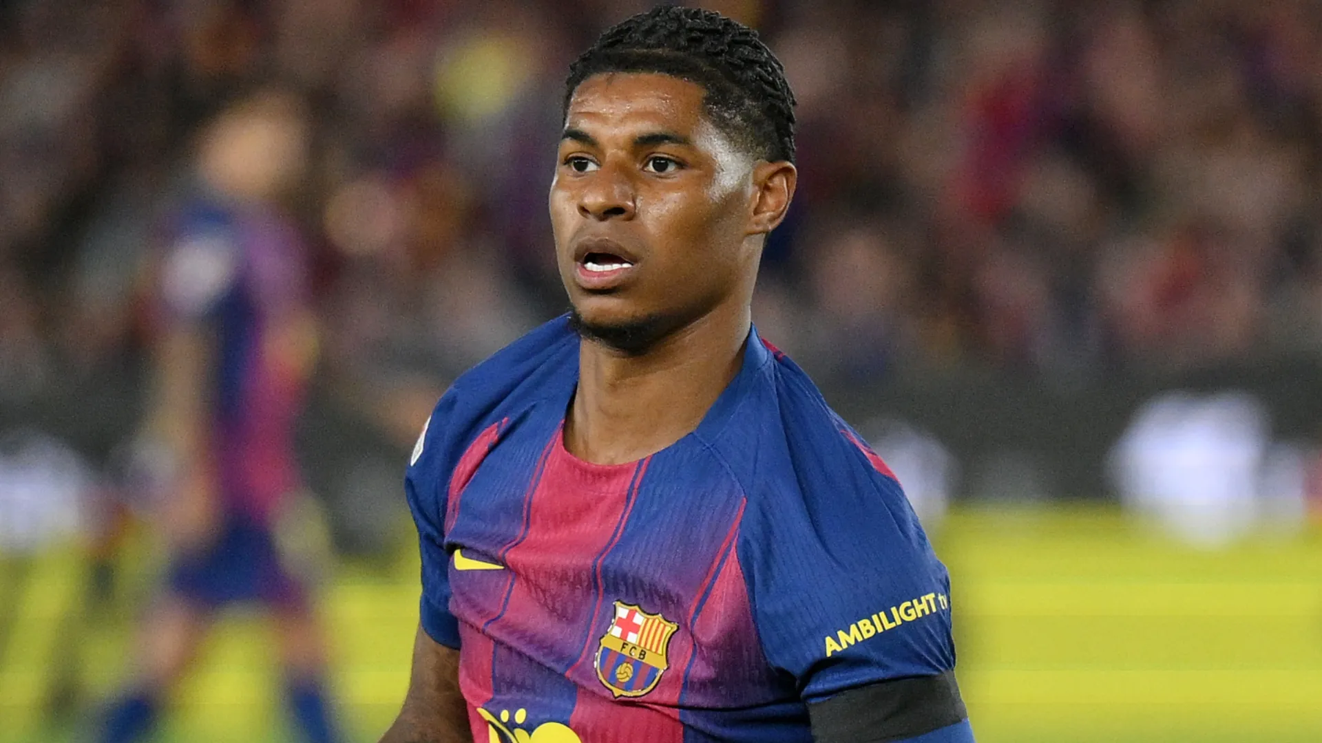 Marcus Rashford, do FC Barcelona, ​​reage durante a partida da LaLiga EA Sports.