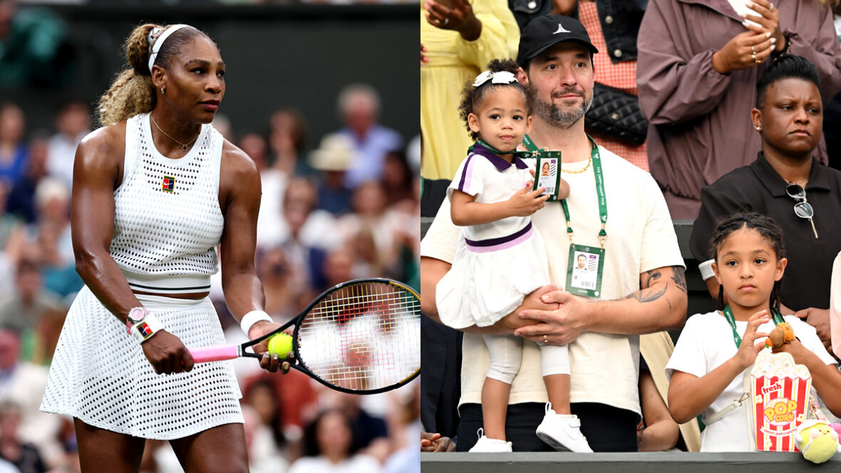 família-serena-williams-em-wimbledon Serena Williams e família na partida da primeira rodada de Wimbledon em 2026