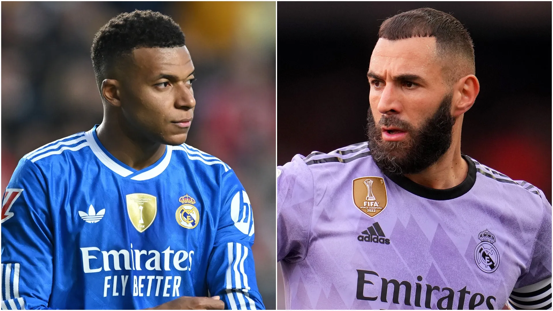 Kylian Mbappe (L) e Karim Benzema (R) do Real Madrid.