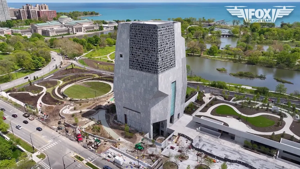 Drone shot of the Obama Presidential Center in Jackson Park on Chicago's South Side