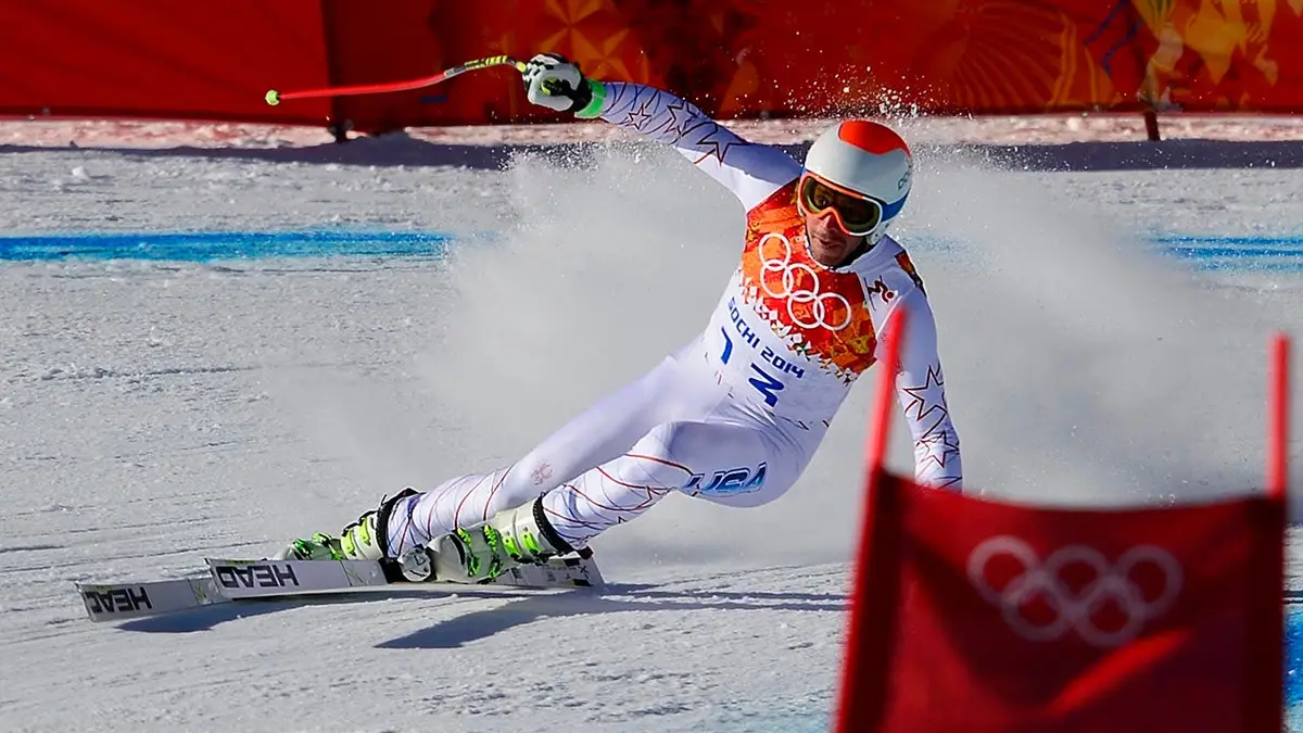 US skier Bode Miller skiing downhill at Rosa Khutor Alpine Center