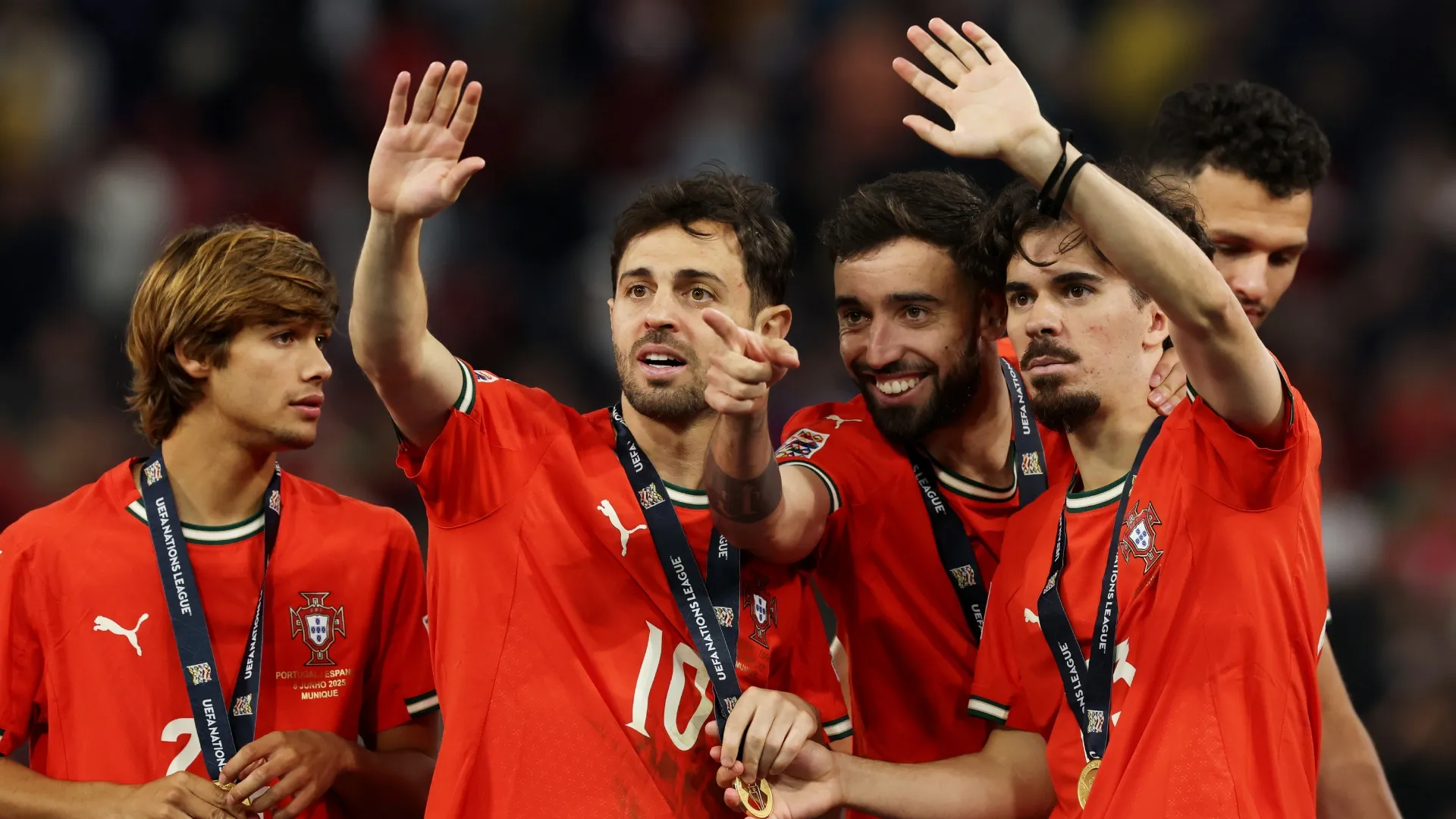 Bernardo Silva, Bruno Fernandes and Vitinha of Portugal.