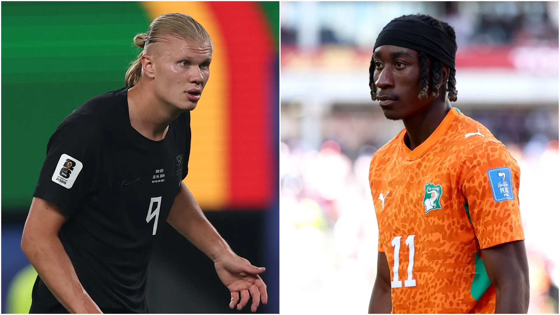Erling Haaland nº 9 da Noruega e Yan Diomande nº 11 da Costa do Marfim.