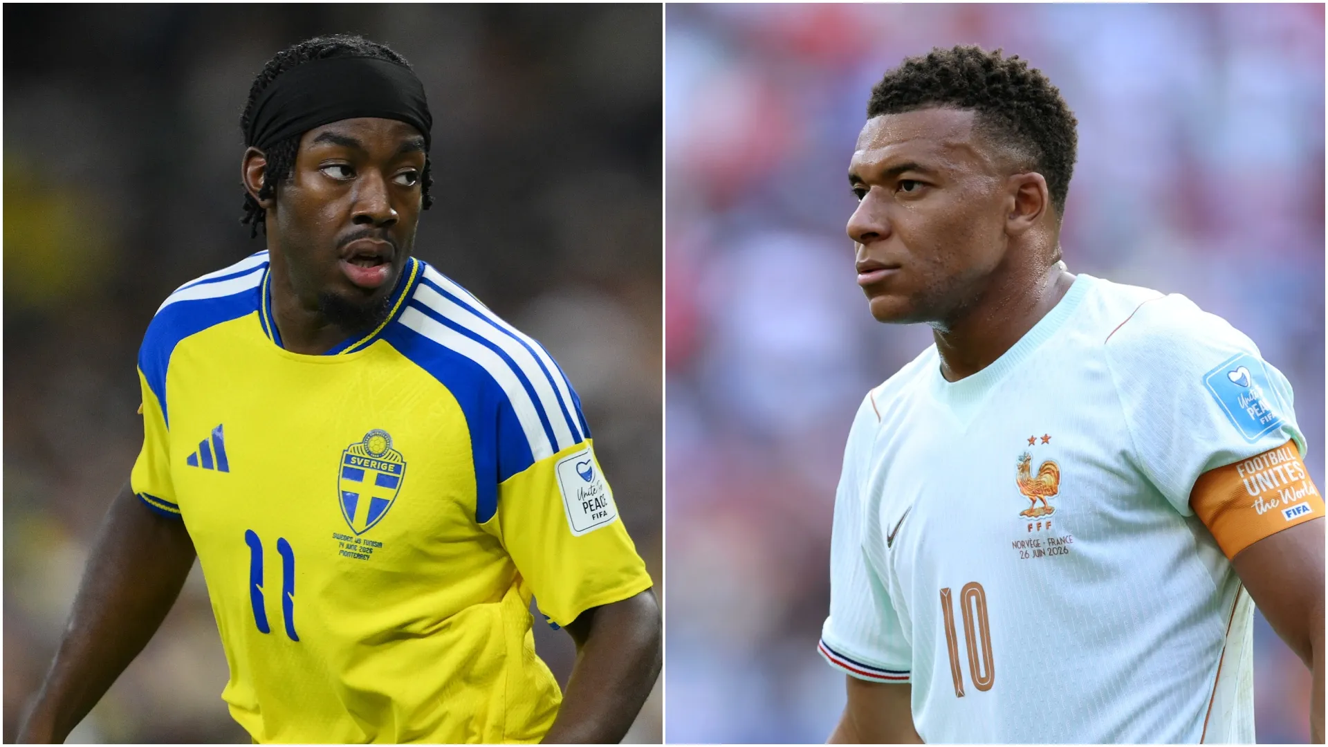 Anthony Elanga nº 11 da Suécia e Kylian Mbappe nº 10 da França.