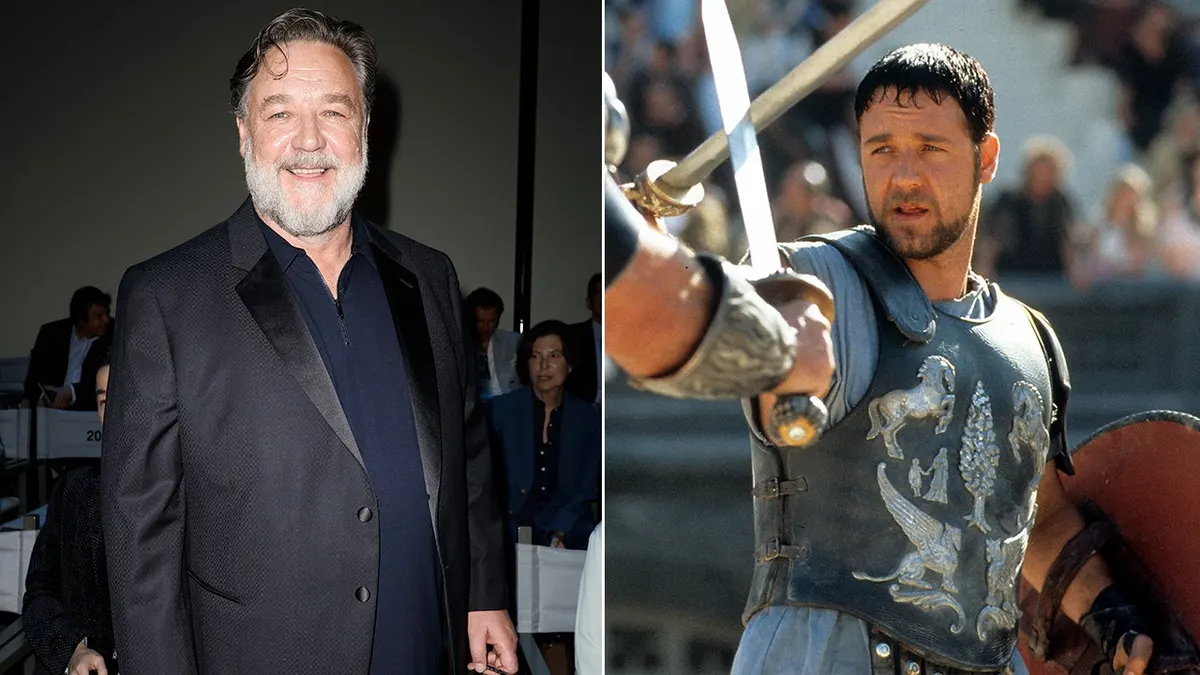 A split image of Russell Crowe on the red carpet and him in the 2000 movie