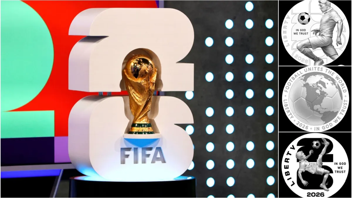Coins featuring FIFA World Cup designs arranged on a surface
