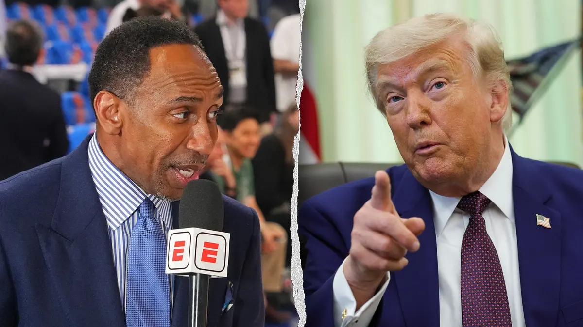 Stephen A. Smith speaks into an ESPN microphone beside a photo of President Donald Trump pointing.