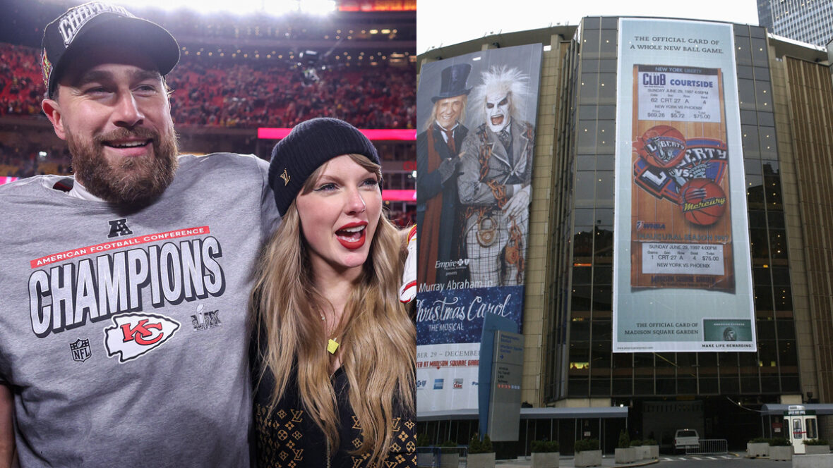Travis Kelce e Taylor Swift / frente ao Madison Square Garden