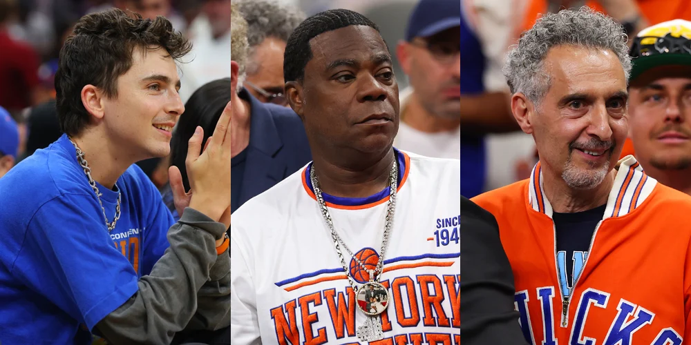 Knicks-celebridades Timothee chalamet, Tracy Morgan e John Turturrow comparecem ao quinto jogo das finais da NBA
