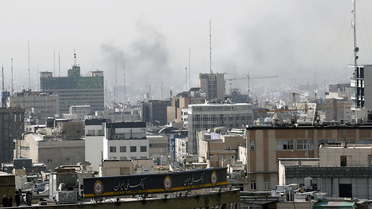 Bombing aftermath showing damaged buildings in Tehran Iran