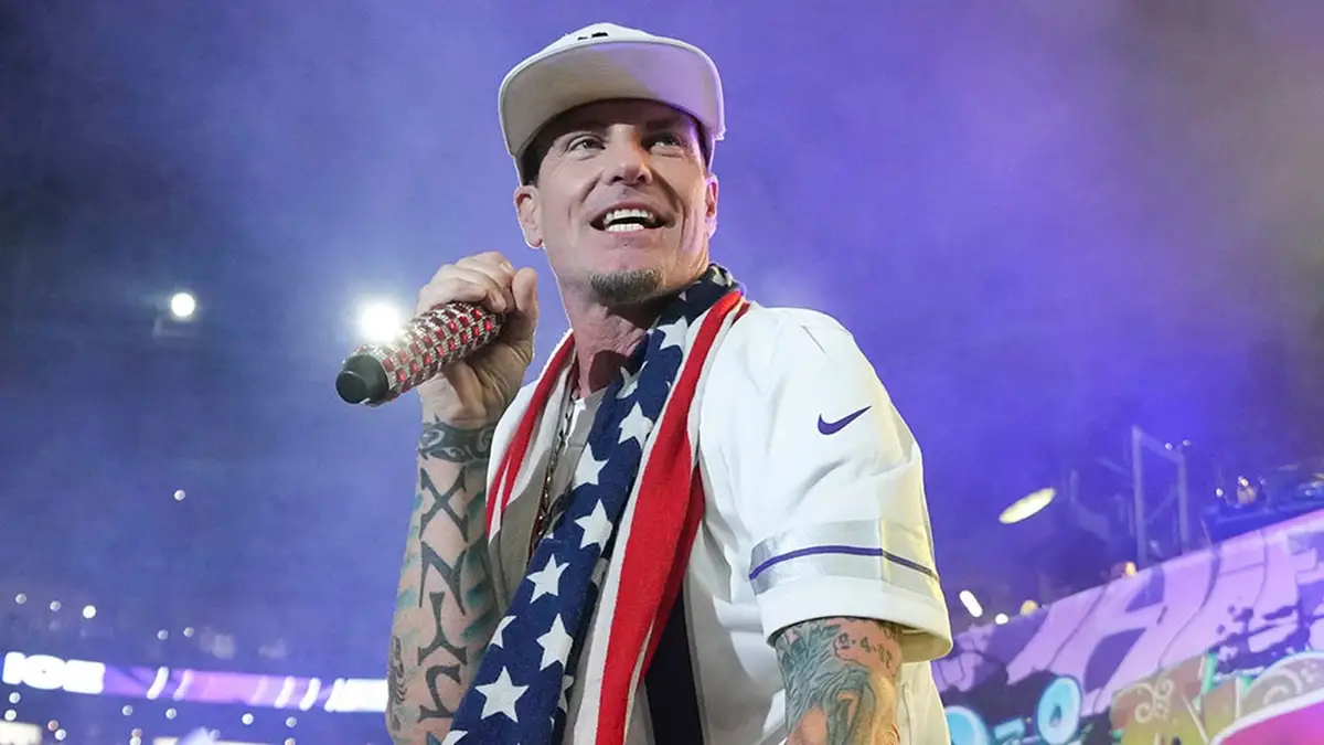 Vanilla Ice performing during halftime at U.S. Bank Stadium in Minneapolis