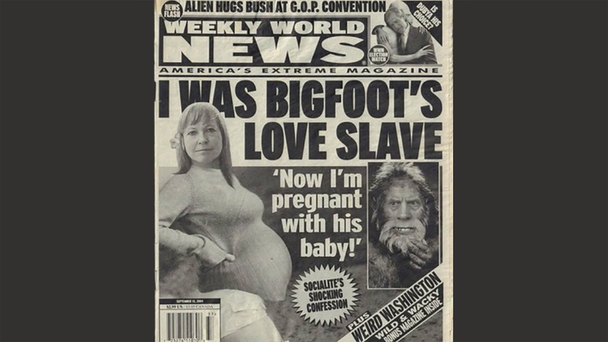 Screencaps reader Chris sent in a headline about a Bigfoot having a baby with a woman.