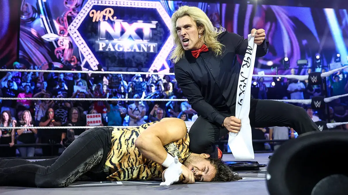 Tristan Angels takes Shiloh Hill's Mr. NXT sash at WWE Performance Center in Orlando