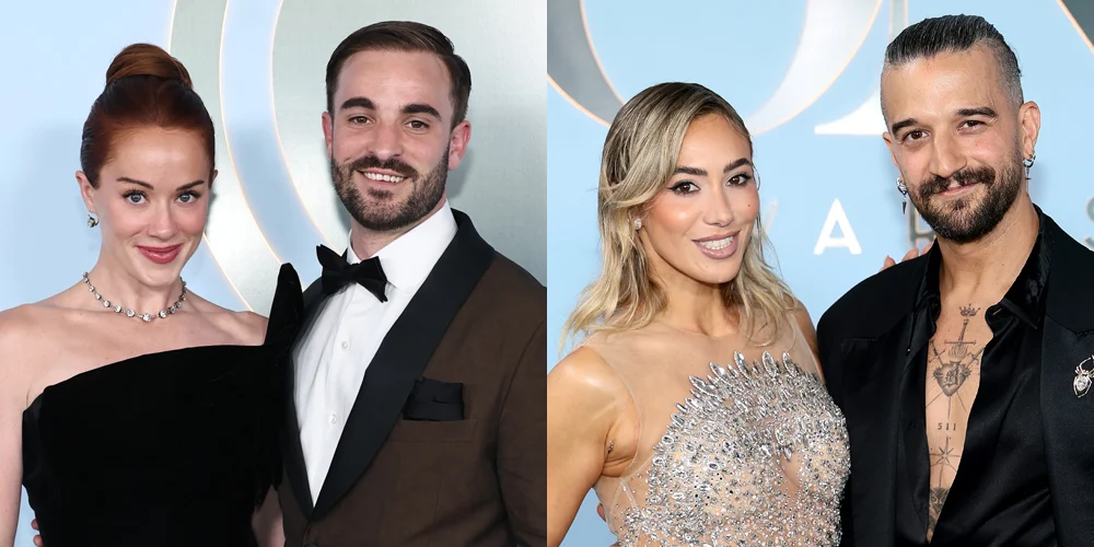 Whitney-Mark-Tonys Whitney Leavitt e Mark Ballas com seus cônjuges no Tony Awards