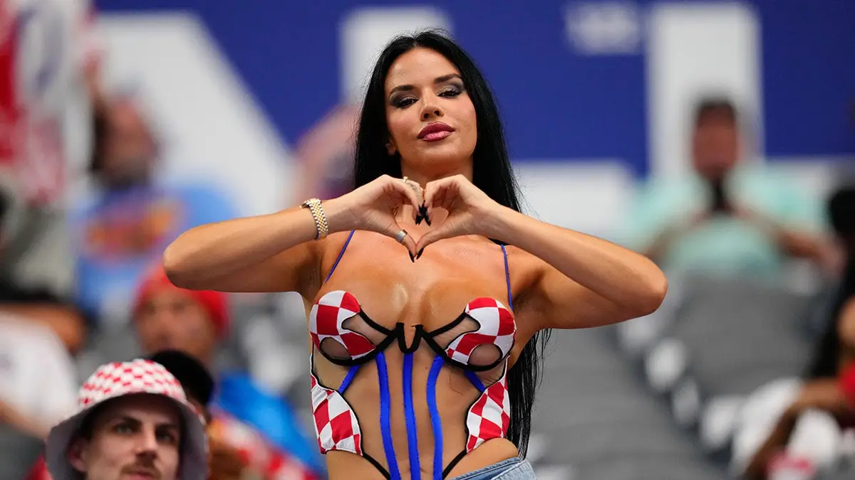Croatian model Ivana Knoll posing at Dallas Stadium during FIFA World Cup 2026 match.