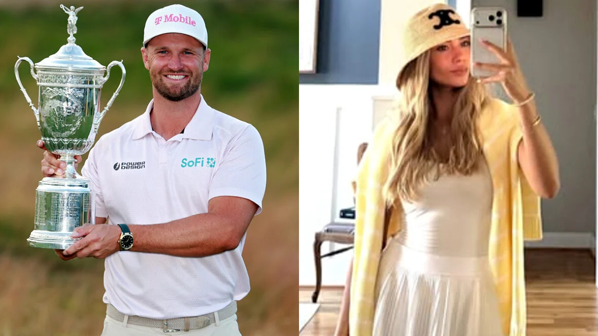 Imagem dividida do jogador de golfe Wyndham Clark sorrindo enquanto segura o Troféu do Campeonato do Aberto dos Estados Unidos após vencer o 126º Aberto dos Estados Unidos no Shinnecock Hills Golf Club, ao lado de uma selfie no espelho de Emily Tanner usando um vestido branco, um cardigã amarelo e um chapéu creme.