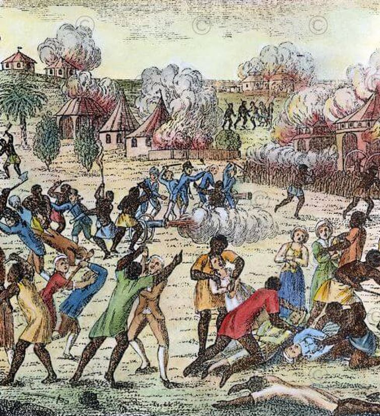 Archives départementales de la Gironde A história vetada pela Fifa em camisa da Copa - Revolução do Haiti: a história vetada pela Fifa em camisa da Copa
Uniforme da seleção caribenha retratava batalha pela independência. Na foto de cerca de 1797 que representa as limitações da liberdade da democracia francesa em solo haitiano. Foto: Archives départementales de la Gironde.