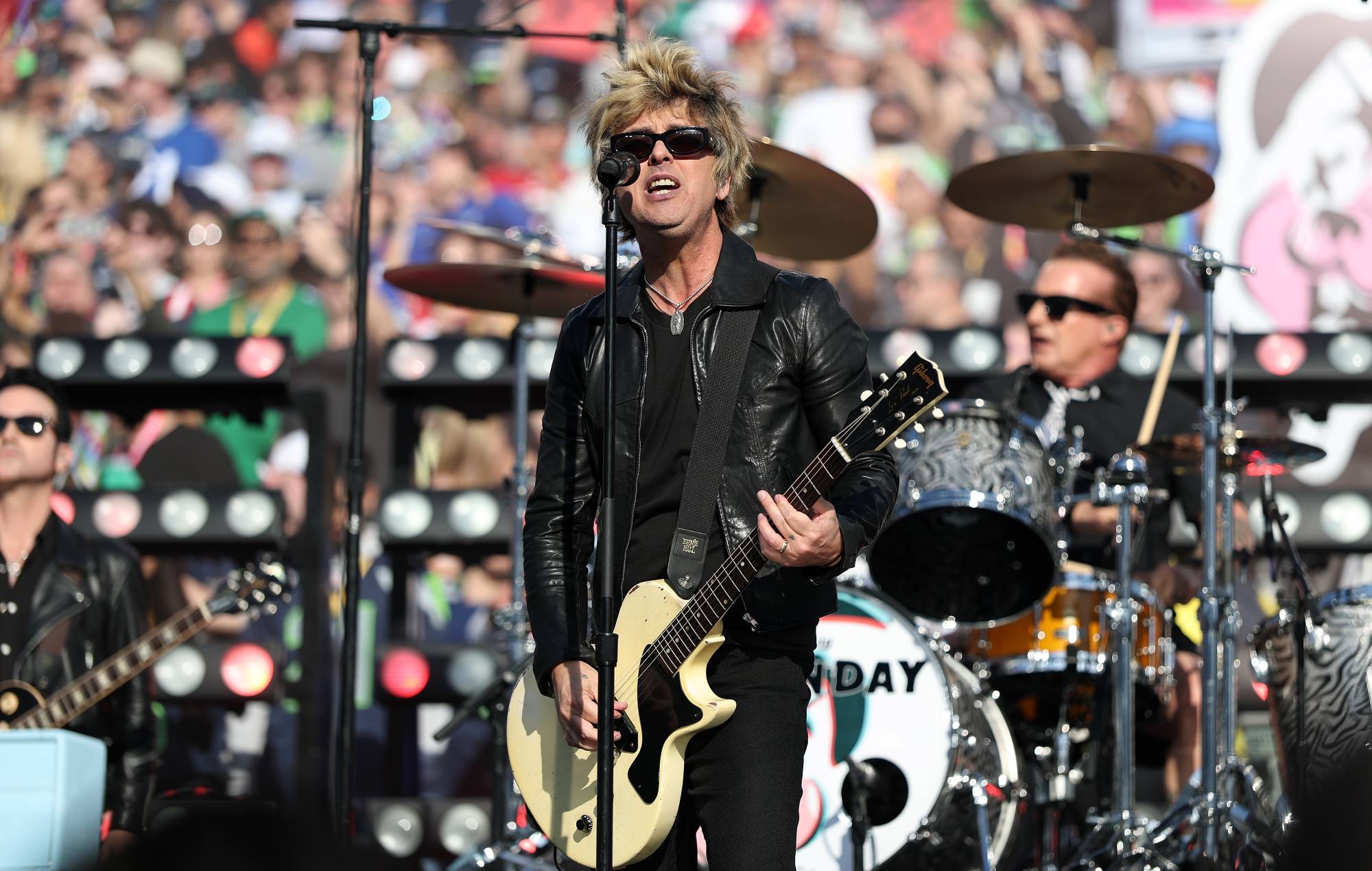 Billie Joe Armstrong of Green Day at Super Bowl LX at Levi's Stadium on February 08, 2026 in Santa Clara, California. (Photo by Ronald Martinez/Getty Images)