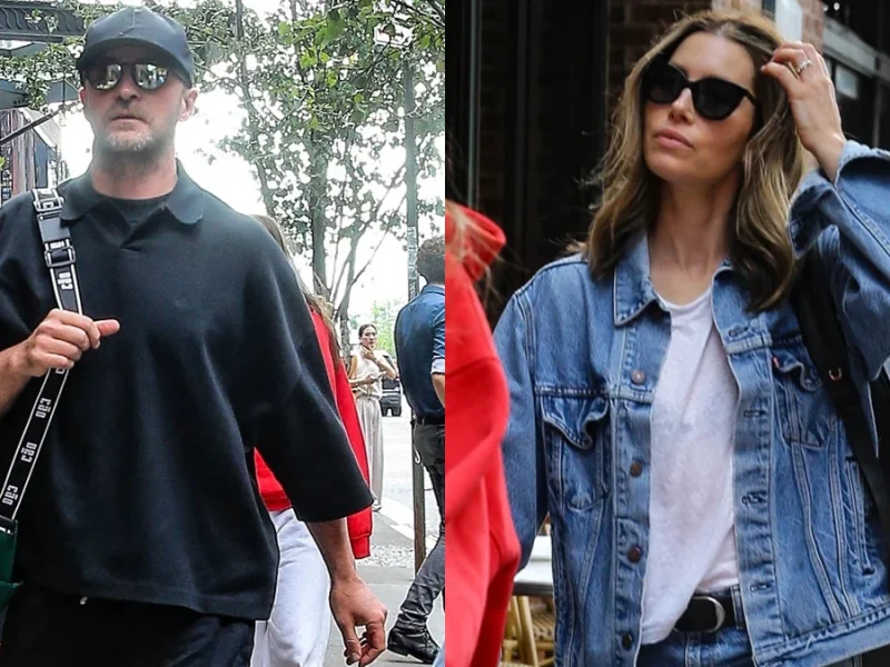 Justin Timberlake e Jessica Biel chegam ao hotel em Nova York