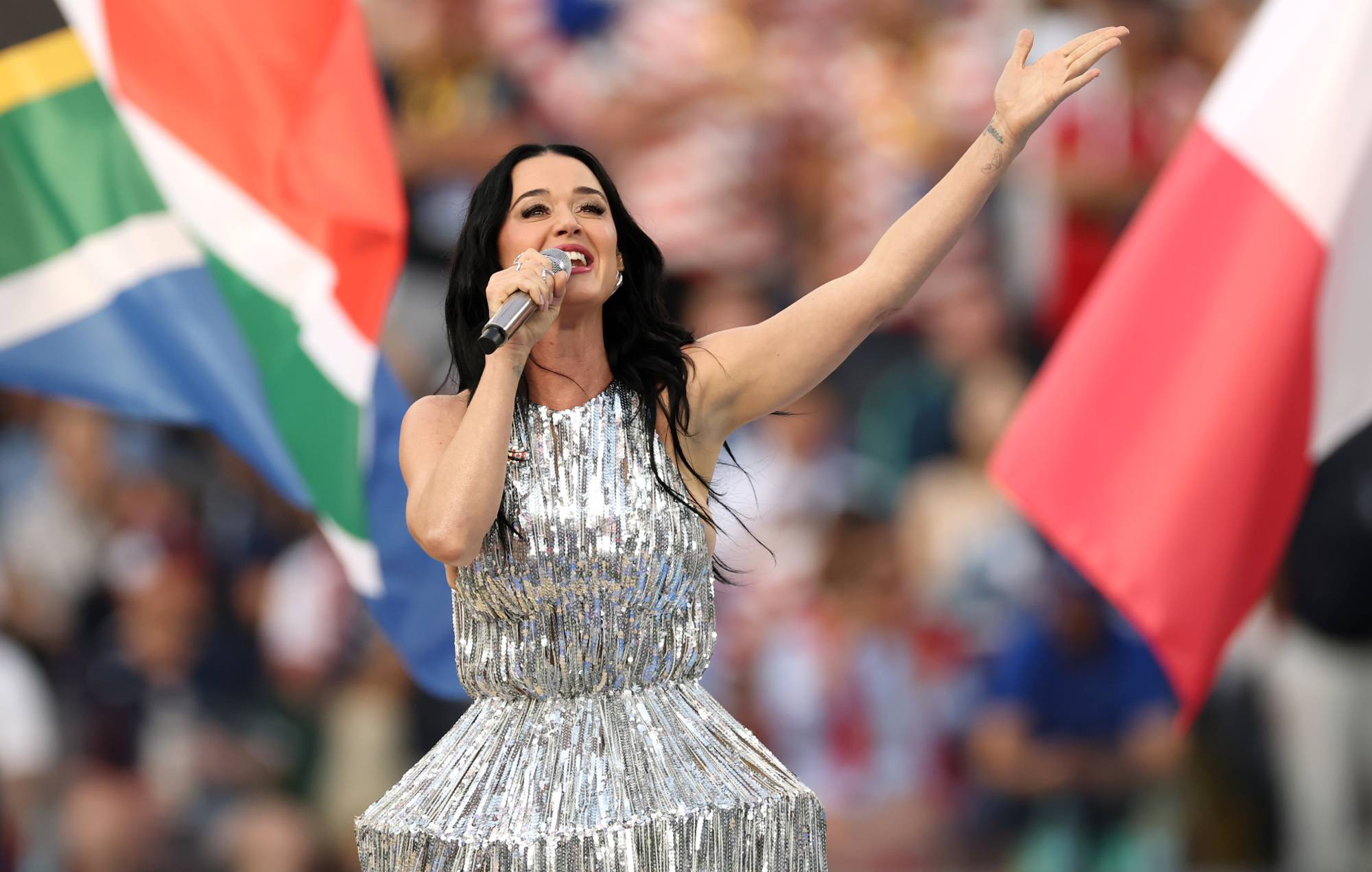 Katy Perry at the FIFA World Cup 2026 at Los Angeles Stadium on June 12, 2026 in Inglewood, California. (Photo by Jared C. Tilton - FIFA/FIFA via Getty Images)