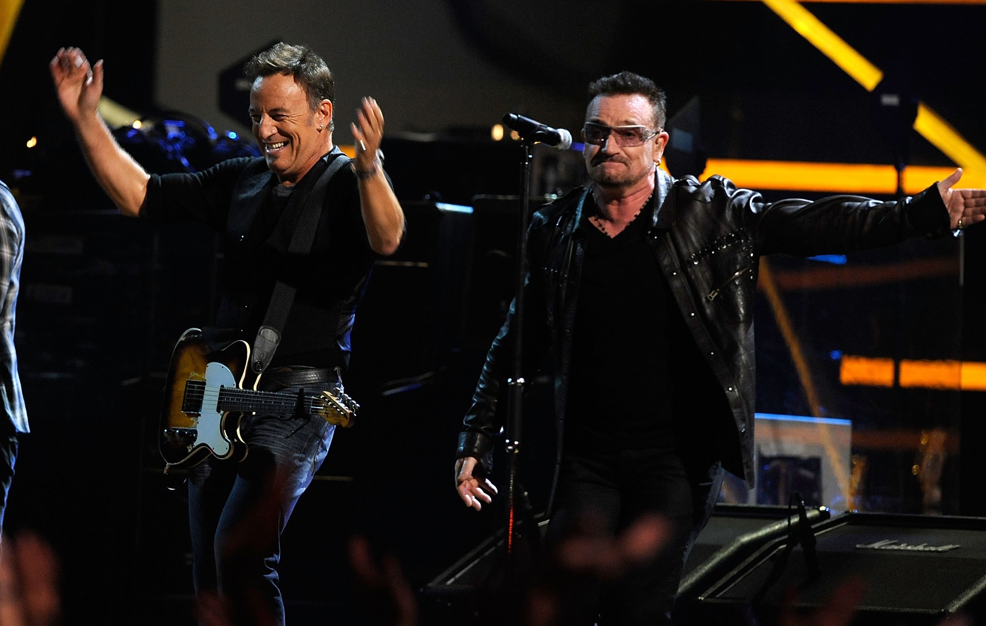 Bruce Springsteen pictured onstage with Bono, 2009. CREDIT: Theo Wargo/WireImage