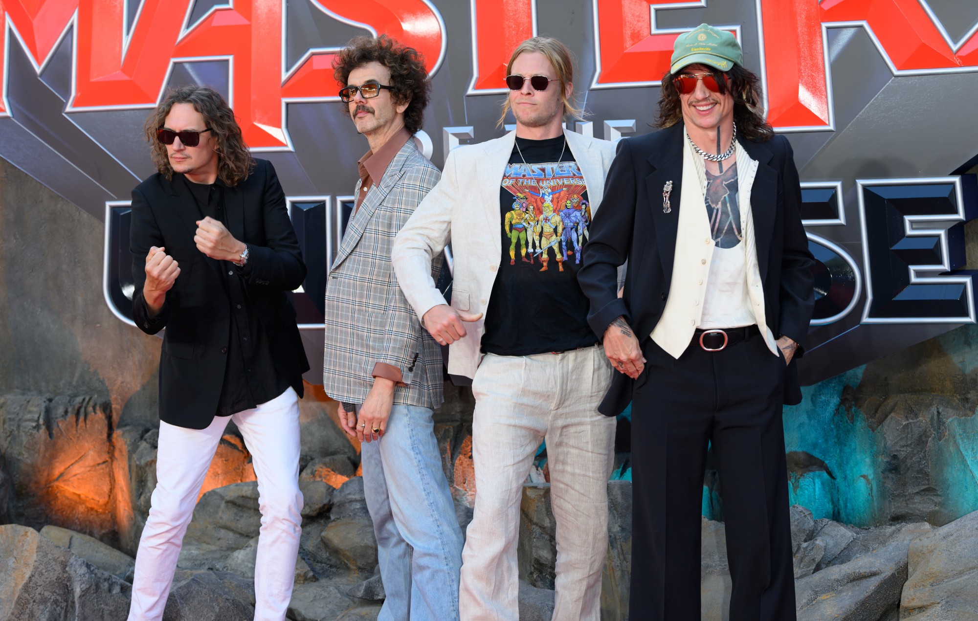 (L-R) Dan Hawkins, Frankie Poullain, Rufus Taylor and Justin Hawkins of The Darkness attend the 'Masters Of The Universe' UK premiere, 2026. CREDIT: Karwai Tang/WireImage