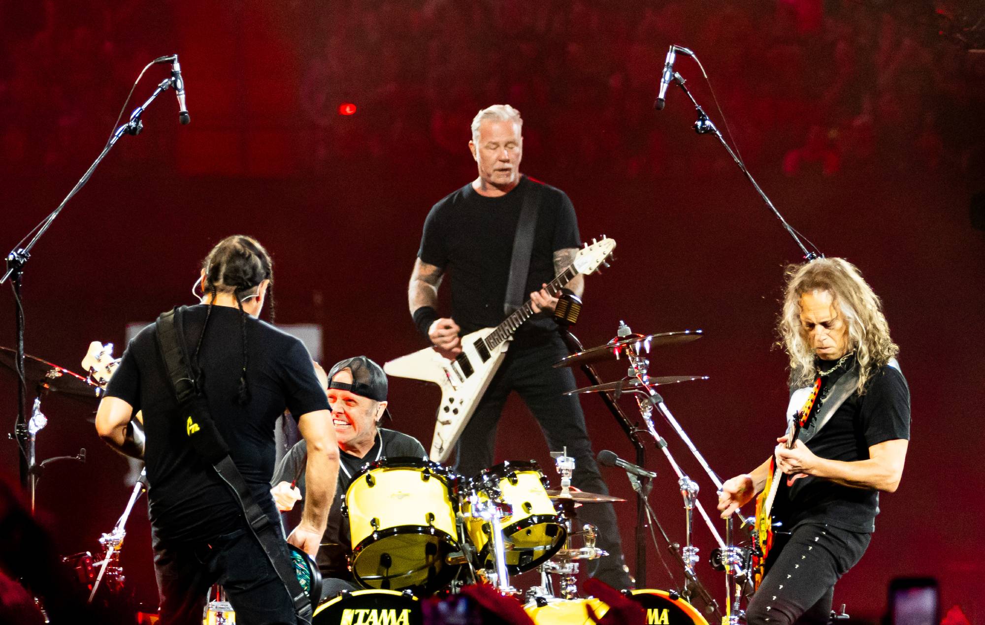 Robert Trujillo, Lars Ulrich, James Hetfield and Kirk Hammett of Metallica at Principality Stadium on June 28, 2026 in Cardiff, Wales. (Photo by Mike Lewis Photography/Redferns)