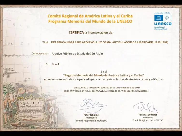 Rio de Janeiro - 09/06/2026 - Presença do advogado abolicionista, jornalista, editor e servidor público Luiz Gama no acervo do Arquivo do Estado é considerada patrimônio da humanidade ao ganhar da Unesco o selo “Memória do Mundo”. Foto-Acervo do APESP