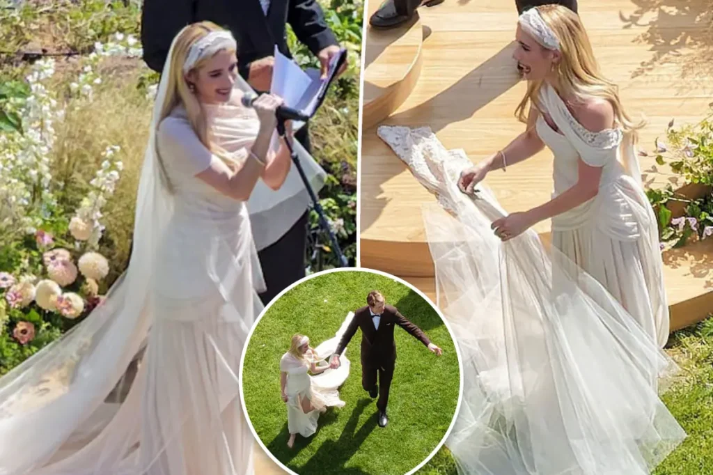 Emma Roberts se casa em Sun Valley com vestido Monique Lhuillier que levou 1.000 horas para ficar pronto