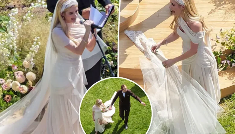 Emma Roberts se casa em Sun Valley com vestido Monique Lhuillier que levou 1.000 horas para ficar pronto