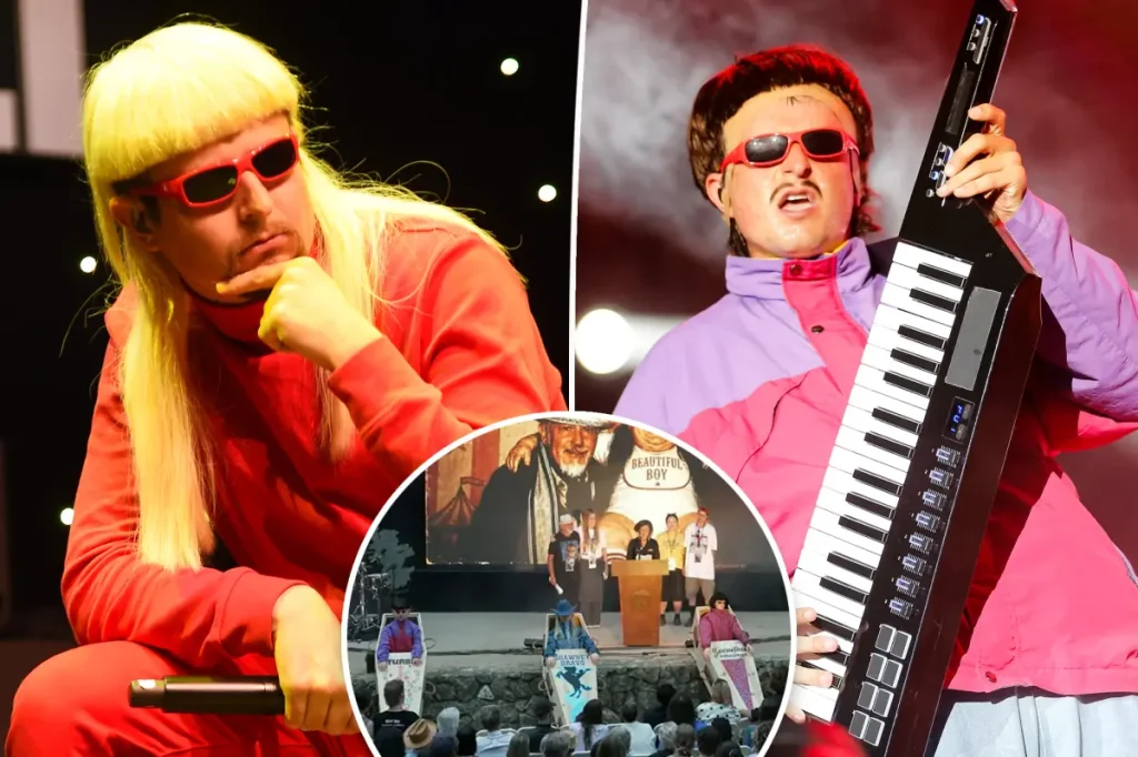 Amigos e fãs celebram a vida de Oliver Tree em cerimônia com caixões e manequins no palco