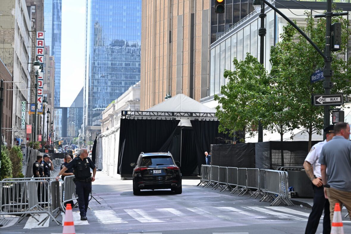 Uma vista do Madison Square Garden antes do casamento de Taylor Swift e Travis Kelce