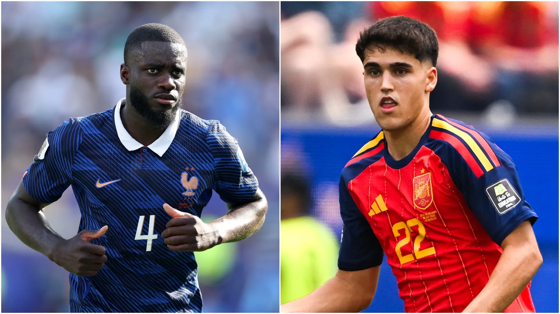 Dayot Upamecano (E) e Pau Cubarsi (R). (Dan Mullan e David Ramos/Getty Images)