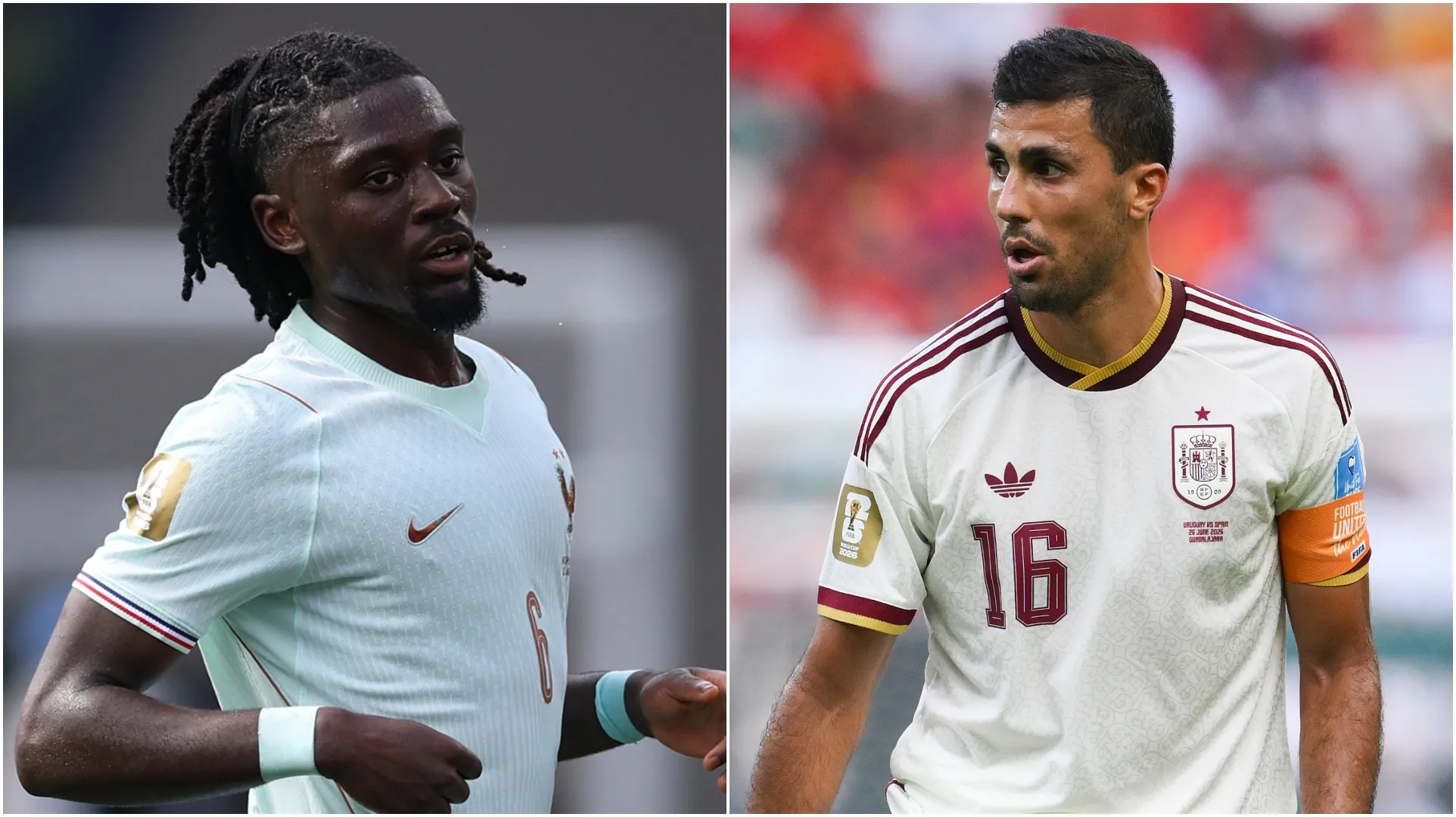 Manu Kone (E) e Rodri (R). (Mattia Ozbot e David Ramos/Getty Images)